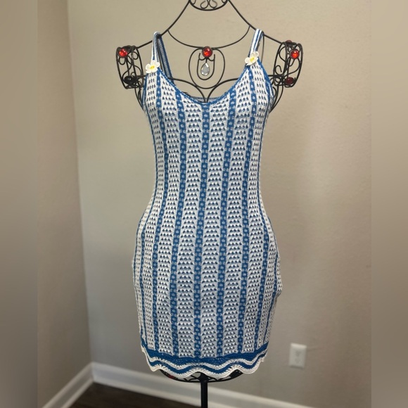 Blue and White crochet Patterned Swim Coverup - Picture 1 of 11